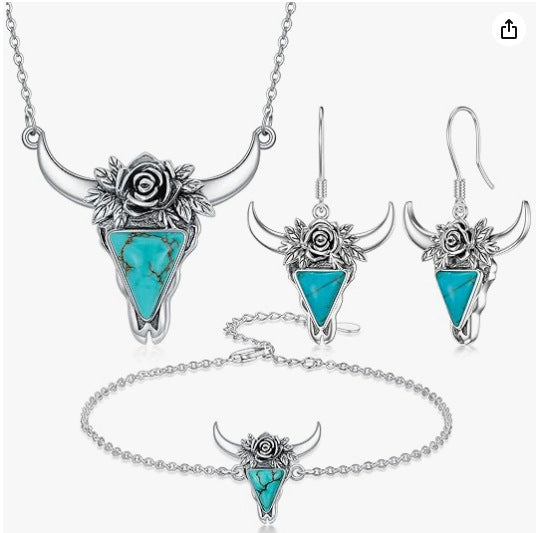 Western Turquoise Vintage Floral Cow Skull Jewelry Set - product image 6