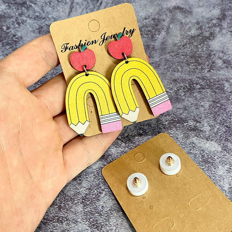 Popular Teacher Earrings - Leopard Print Pencil and Apple Patchwork Stud - product image 3