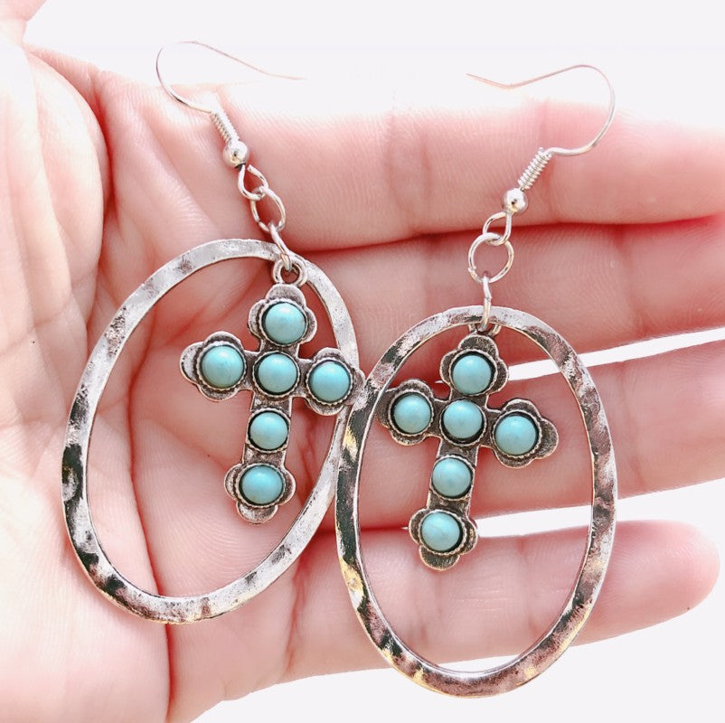 Turquoise Vintage Statement Cross Earrings