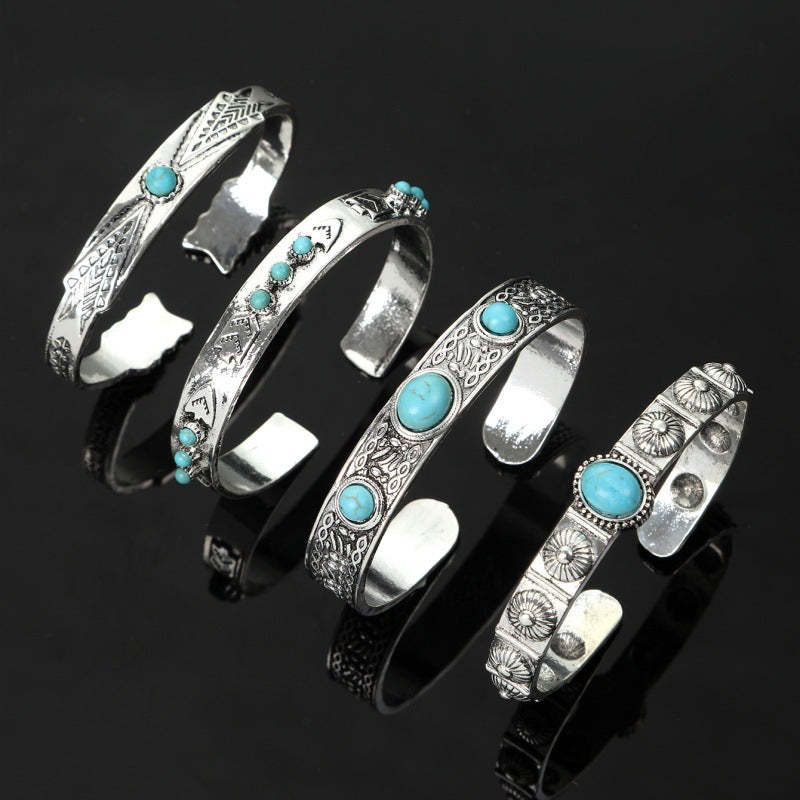 Turquoise Western Cuff Bracelet Set considered as a chunky wrist focal point for a rodeo spectator outfit