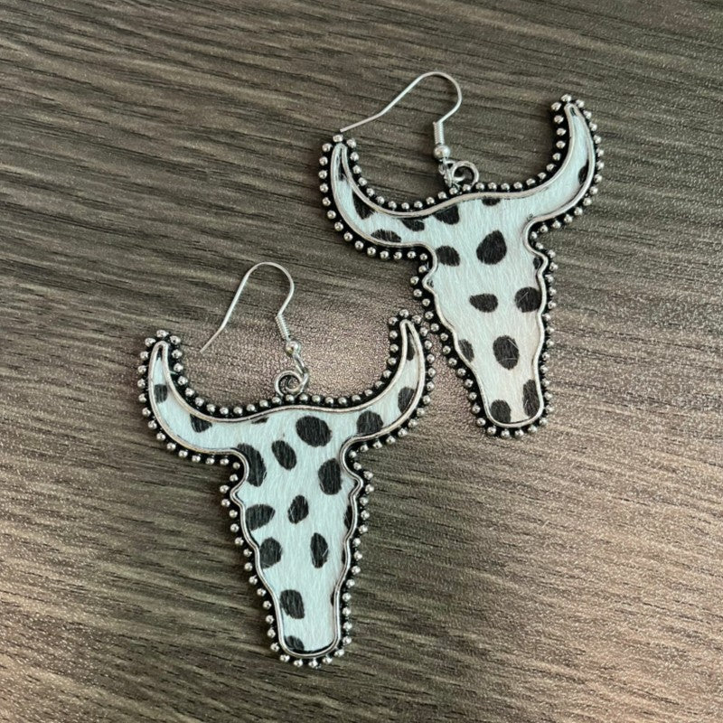 Western Vintage Cow Skull Cross Leather Earrings
