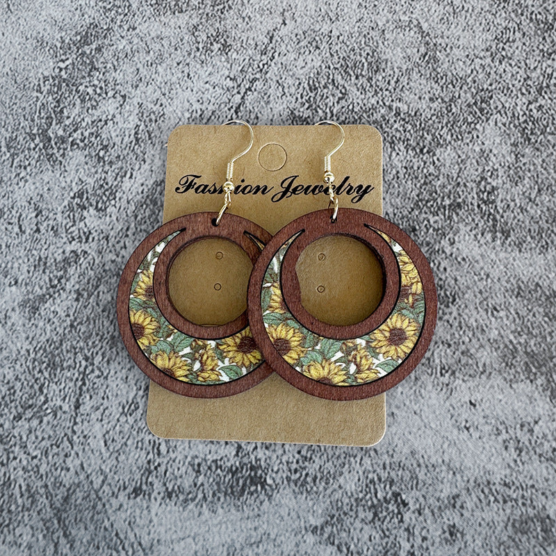 Floral Cross Wood Earrings