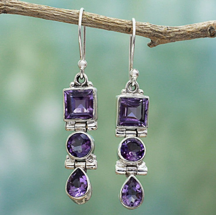 Charming Lavender Amethyst Earrings with Diamond and Zirconia Long-style