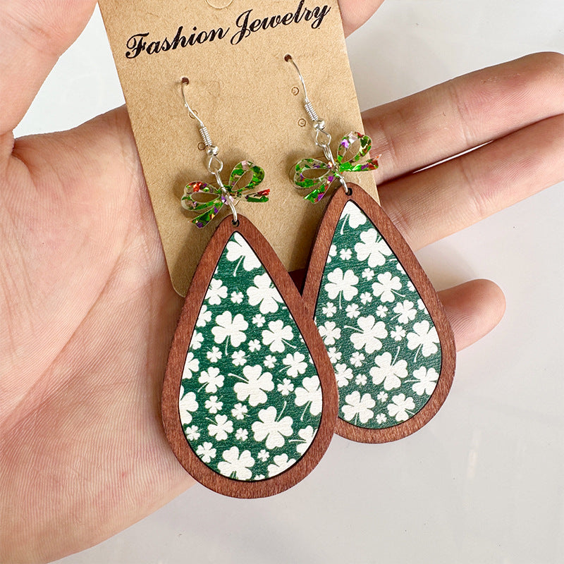 St. Patrick's Day Earrings - Bows - Water Drops - Four-leaf Clovers - Green - product image 2