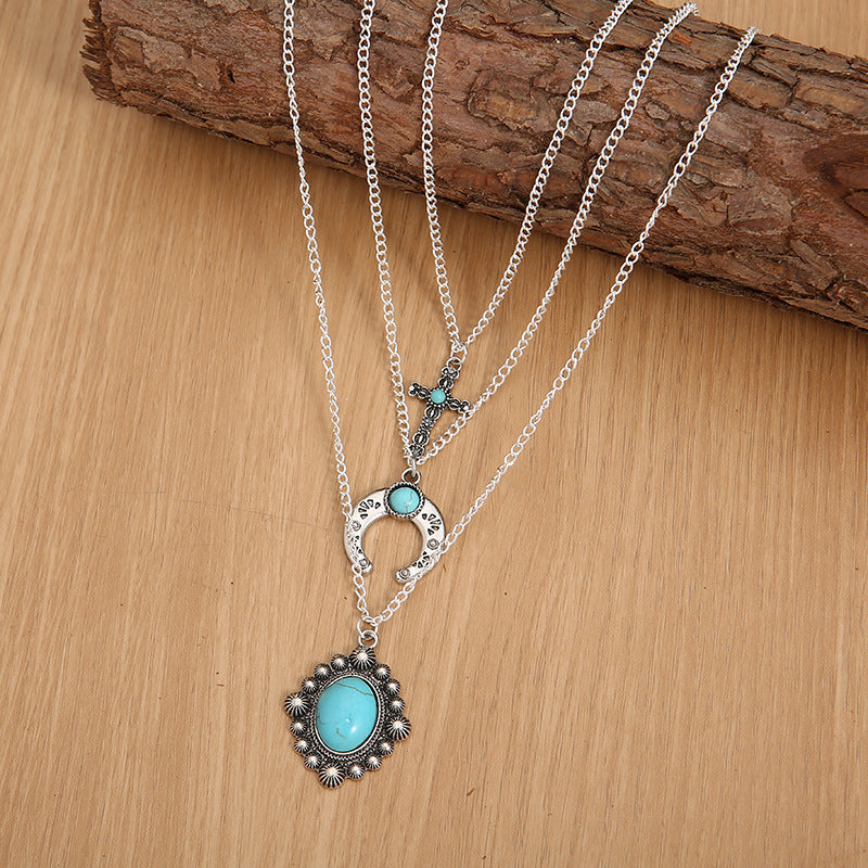 Turquoise Cow Skull Moon Cross Necklace