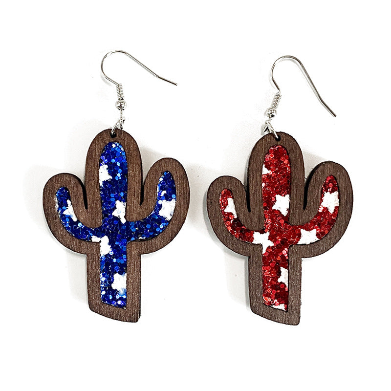 Western Flag Wood Leather Earrings