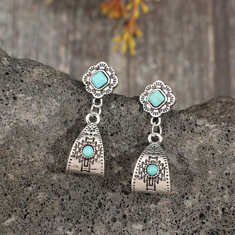 Turquoise Boho Vintage Geometric Floral Earrings - product image 10