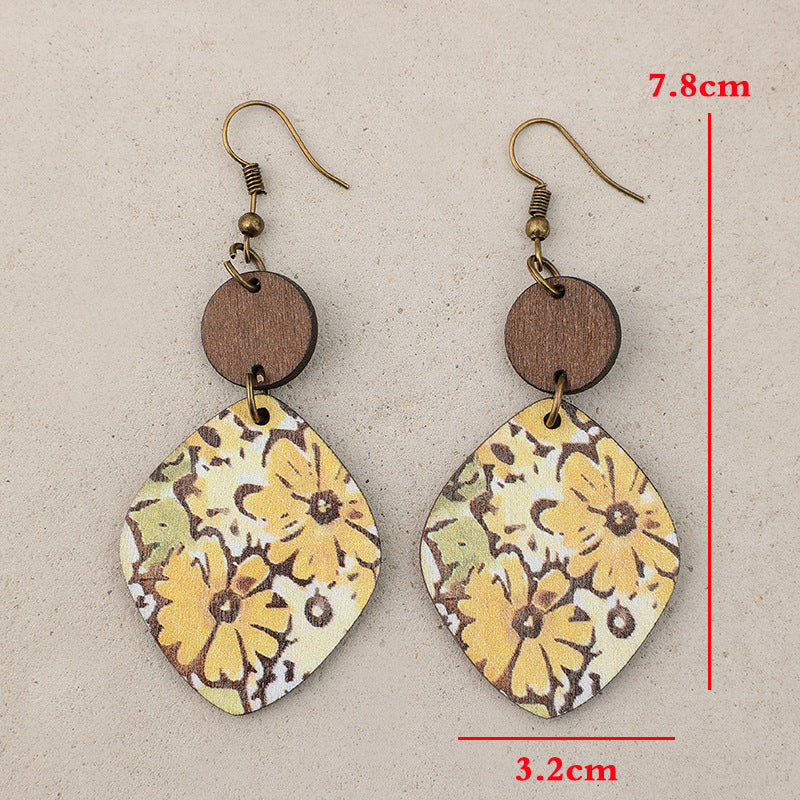 Geometric Floral Heart Wood Earrings