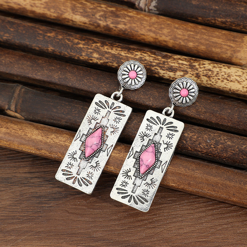 Turquoise Boho Vintage Geometric Floral Earrings - product image 13