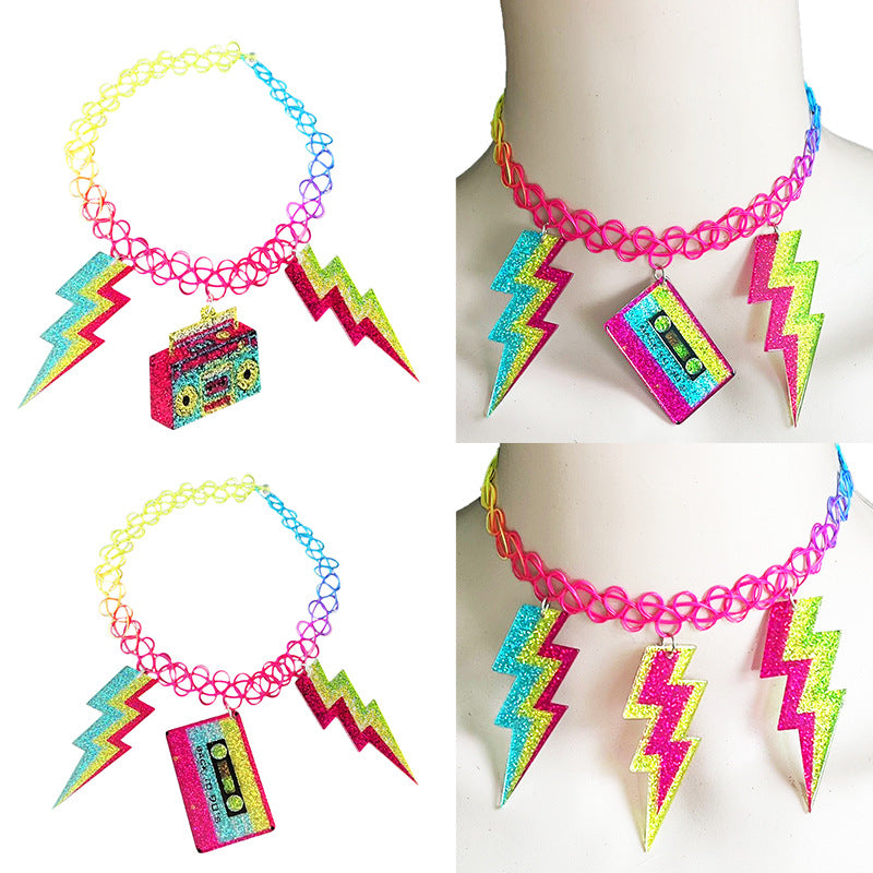 Neon Lightning Bolt Cassette Pendant Necklace - product image 1