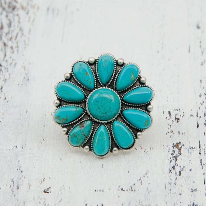 Alternate view of a turquoise-style statement floral ring for gift fit and profile questions