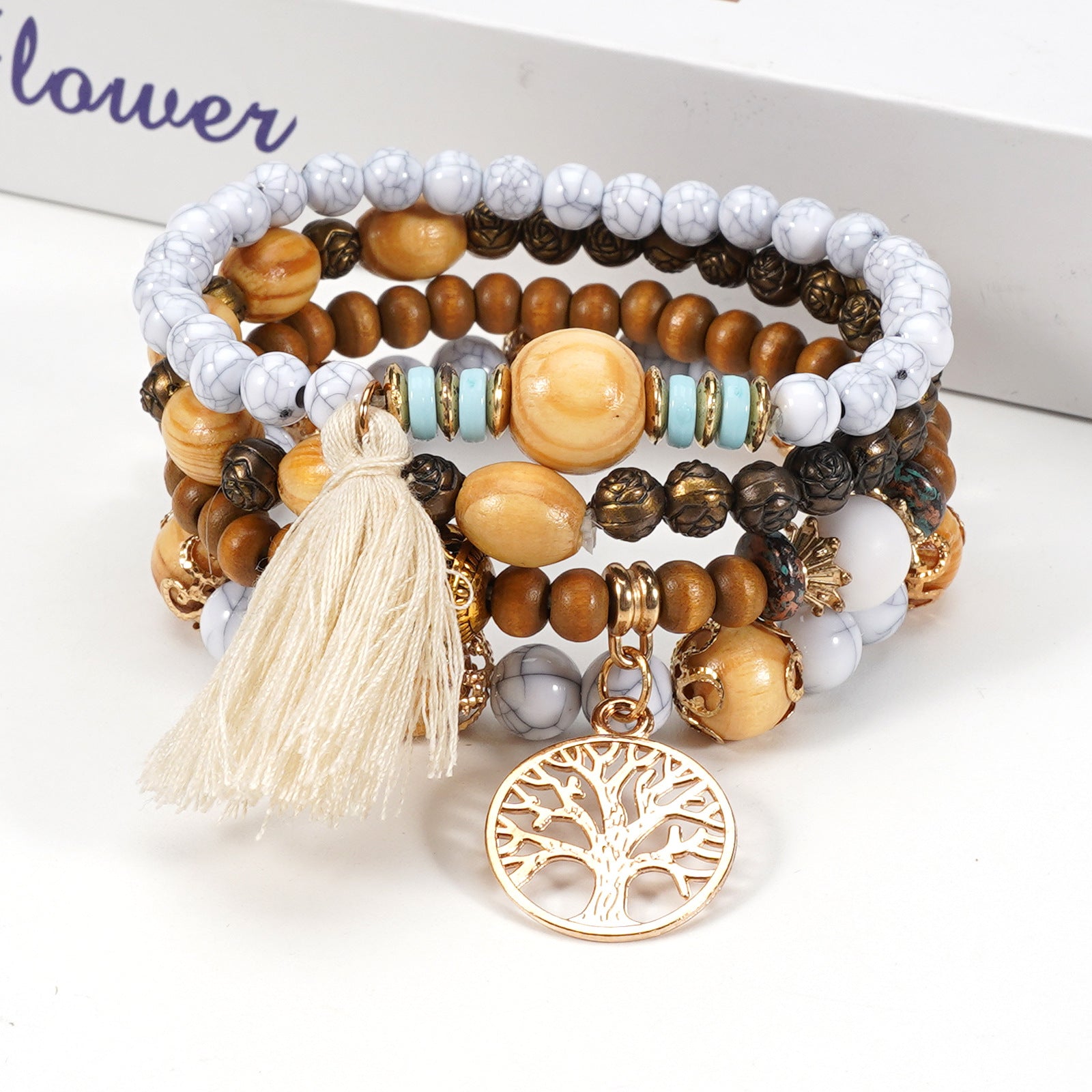 Floral Wood Beaded Bracelet