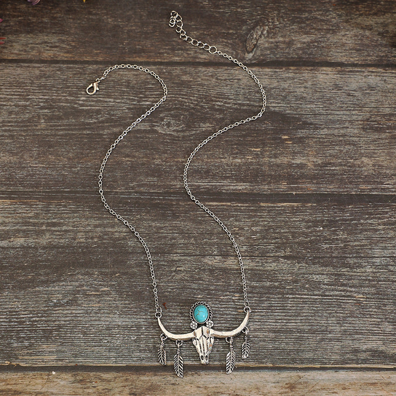 Western Turquoise Vintage Cow Skull Cross Necklace