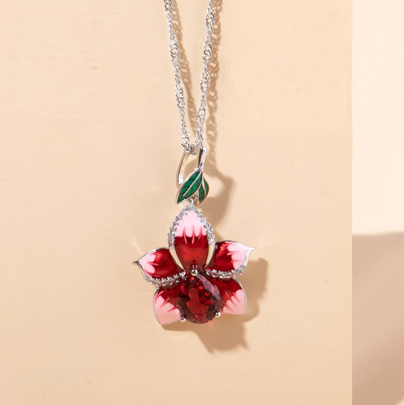 Crystal Orchid Flower Pendant Necklace for Women