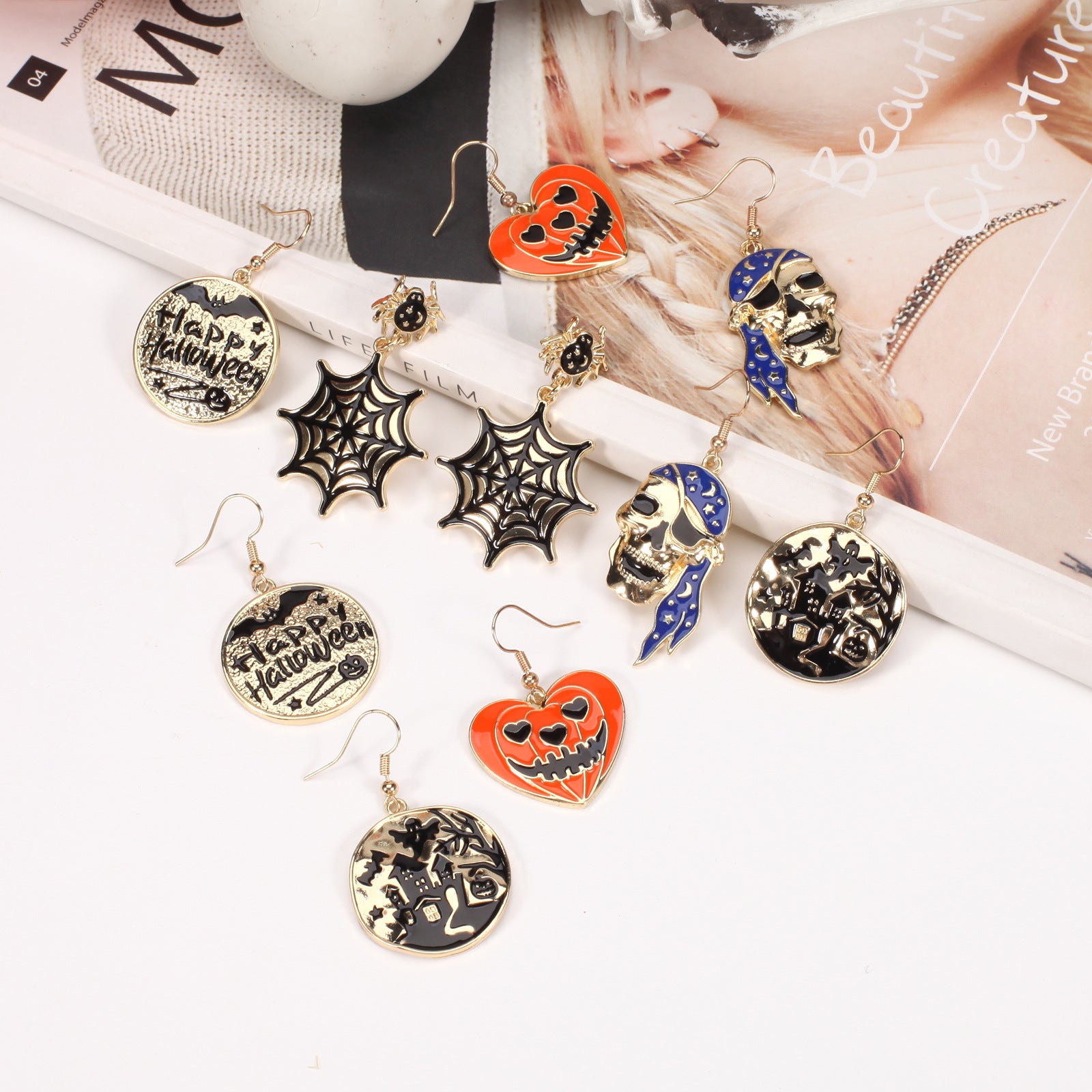 Pumpkin Hat Ghost Skull Bat Spider Web Pattern Earrings Halloween Party Ear - product image 2