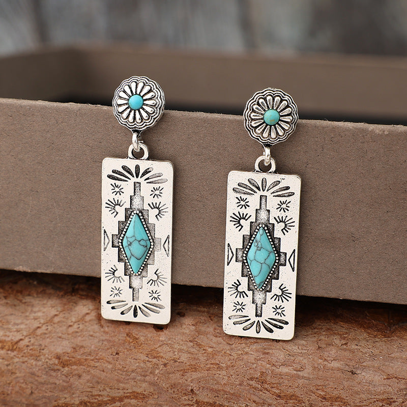 Turquoise Boho Vintage Geometric Floral Earrings - product image 2