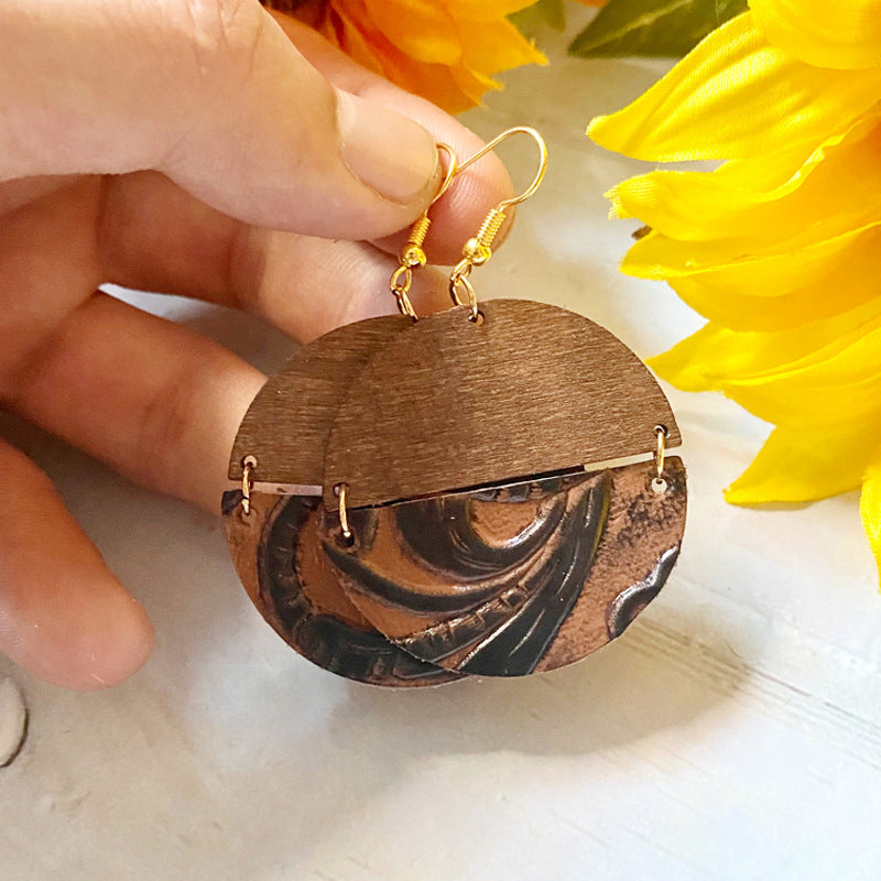 Western Cross Wood Leather Earrings
