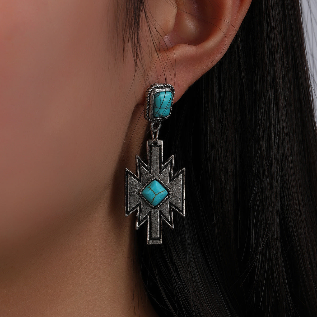 Turquoise Vintage Geometric Cross Earrings - product image 5