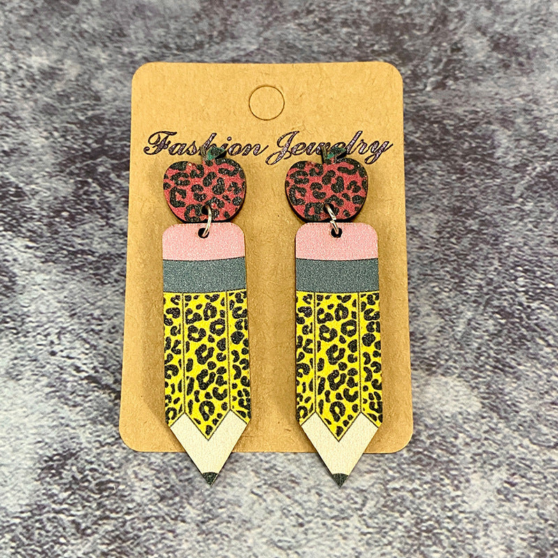 Popular Teacher Earrings - Leopard Print Pencil and Apple Patchwork Stud - product image 8