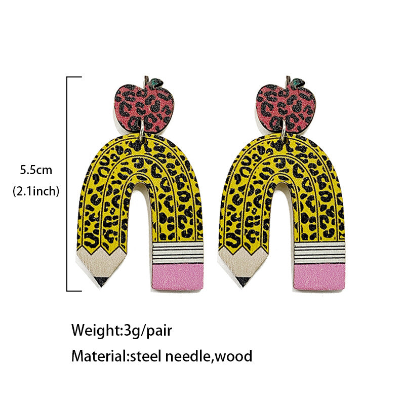 Popular Teacher Earrings - Leopard Print Pencil and Apple Patchwork Stud - product image 4