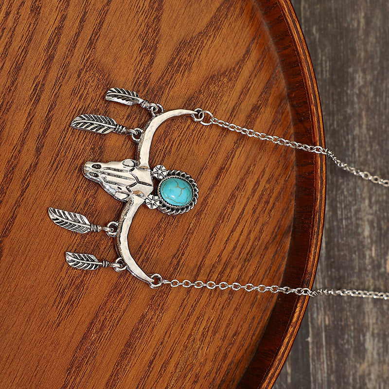 Western Turquoise Vintage Cow Skull Cross Necklace