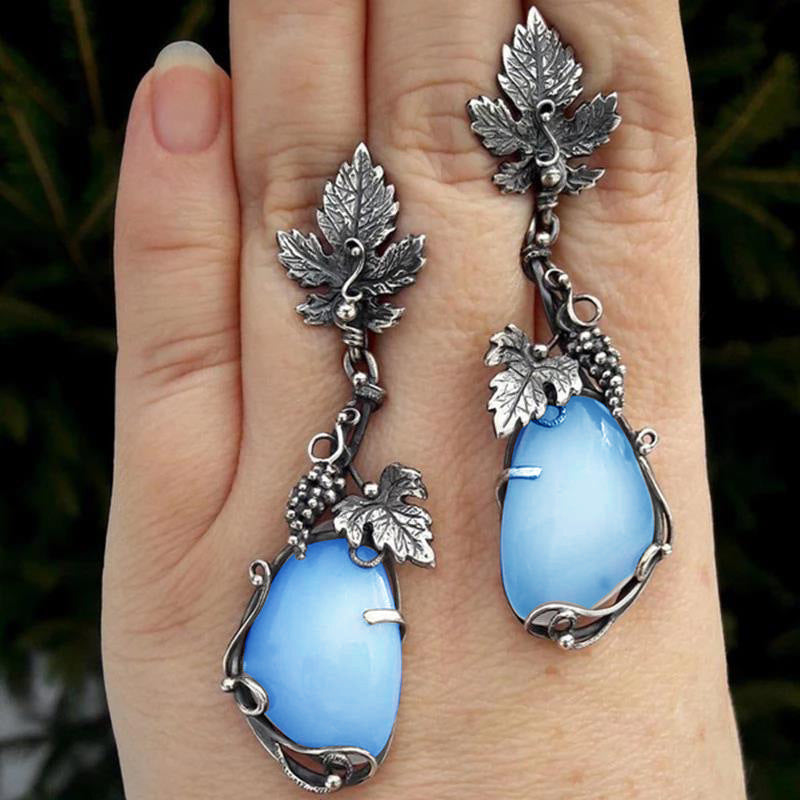 Metal Grape Vine Leaf Earrings Inlaid with Teardrop-shaped Cat's Eye Stone