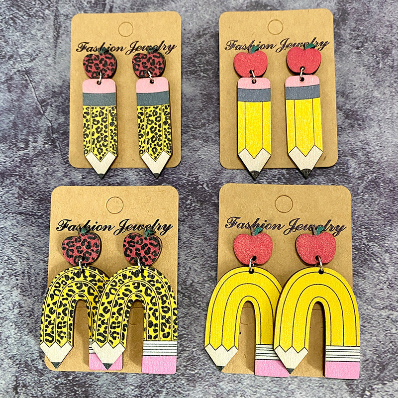 Popular Teacher Earrings - Leopard Print Pencil and Apple Patchwork Stud - product image 1