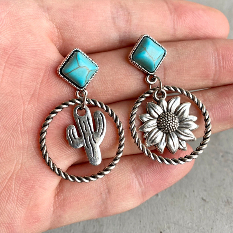 Western Turquoise Boho Vintage Cactus Earrings