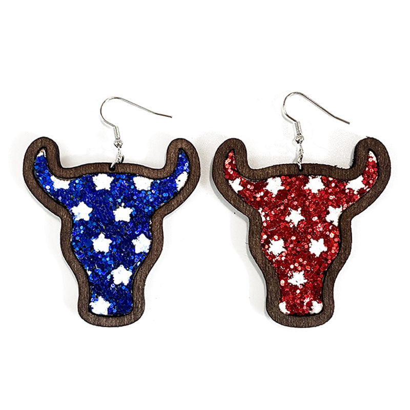 Western Flag Wood Leather Earrings