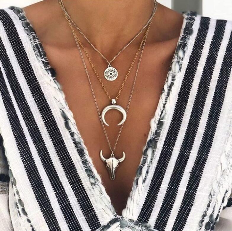 Geometric Cow Skull Cross Necklace