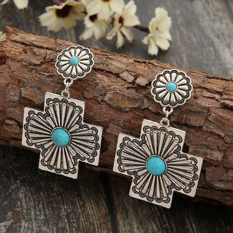 Western Turquoise Vintage Statement Cross Earrings - product image 5