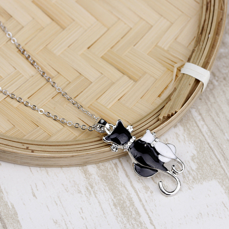 Fashion Jewelry Set with Diamonds - Black and White Cat Couple Necklace - - product image 3