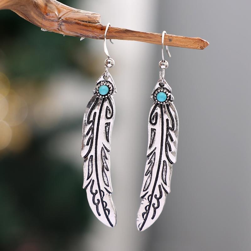 Turquoise Boho Vintage Feather Cross Earrings - product image 1