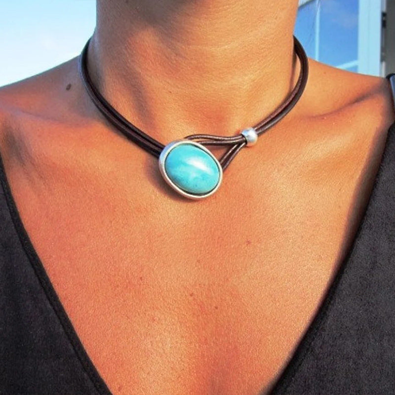 Turquoise Vintage Statement Cross Leather Necklace - product image 2