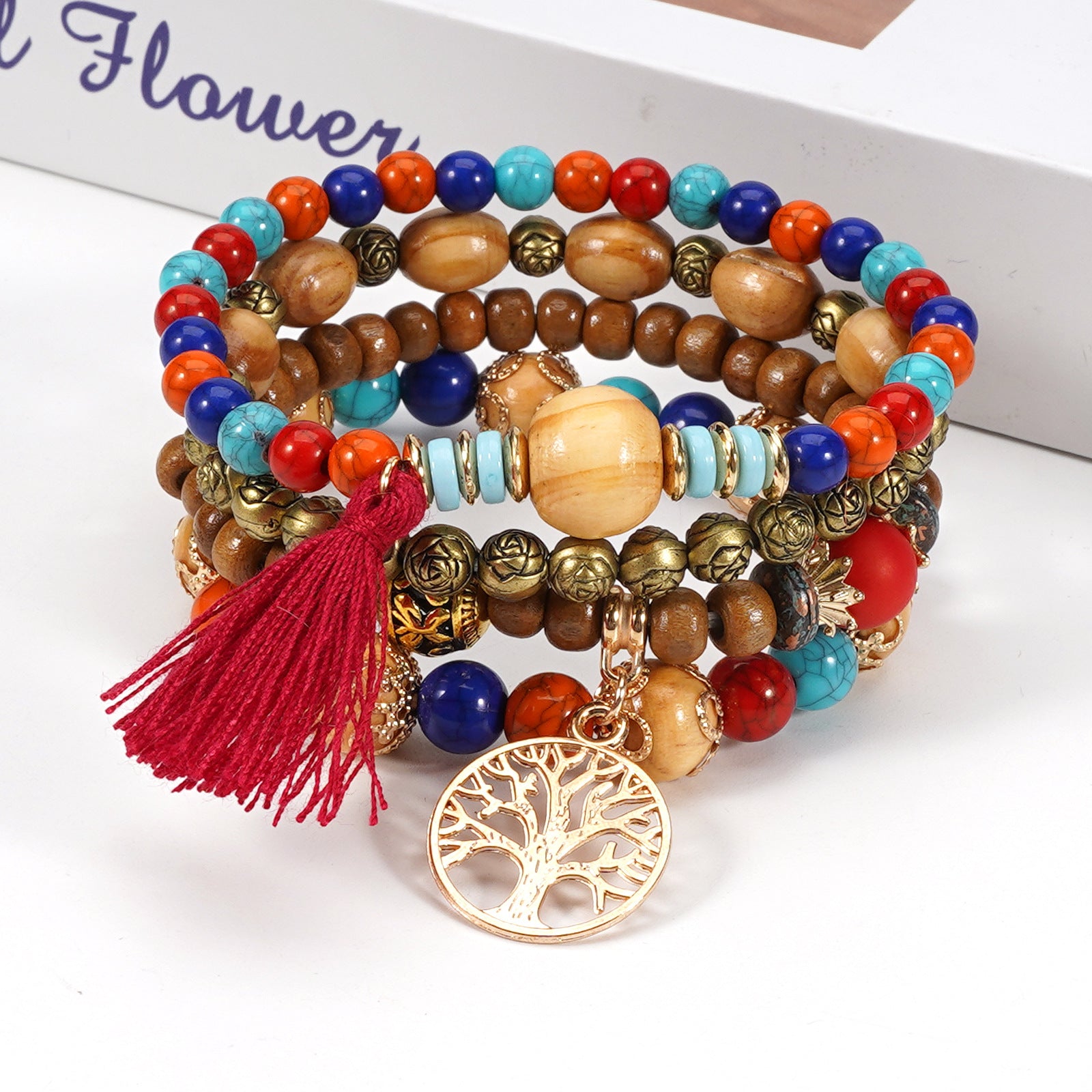 Floral Wood Beaded Bracelet