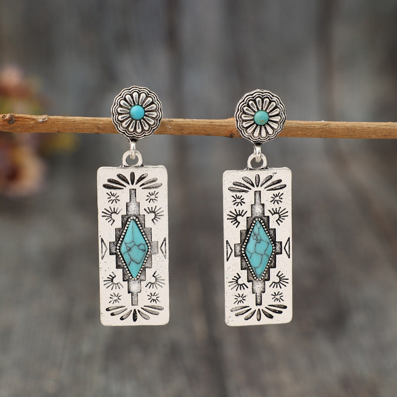 Turquoise Boho Vintage Geometric Floral Earrings - product image 1