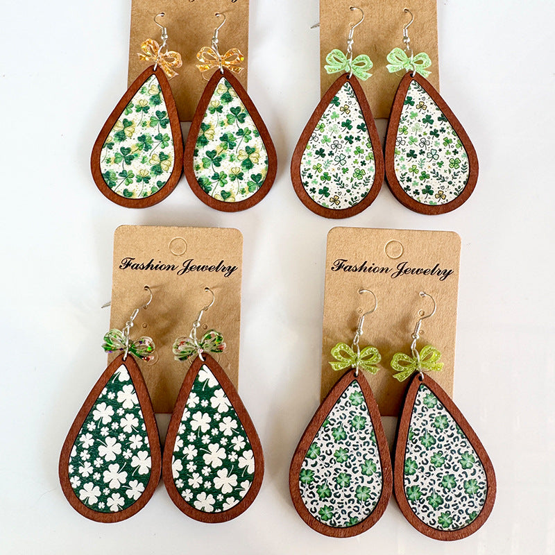 St. Patrick's Day Earrings - Bows - Water Drops - Four-leaf Clovers - Green - product image 1