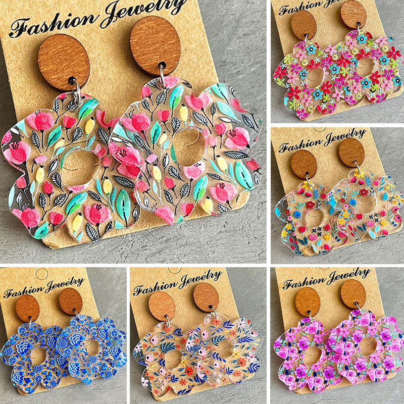 Geometric Floral Cross Wood Acrylic Earrings - product image 1