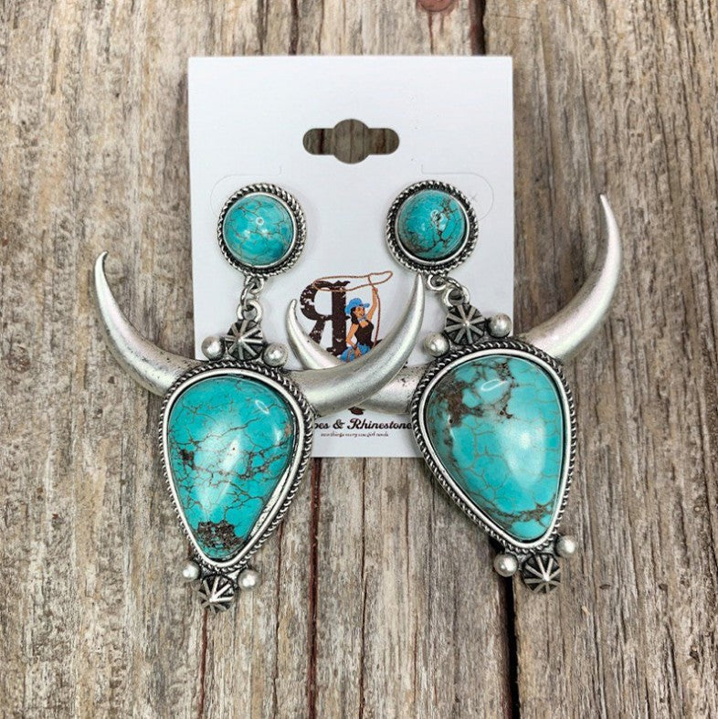Western Turquoise Boho Vintage Cow Skull Earrings - product image 1