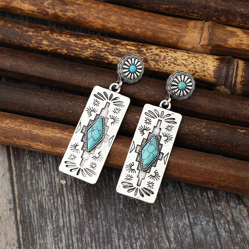 Turquoise Boho Vintage Geometric Floral Earrings - product image 9
