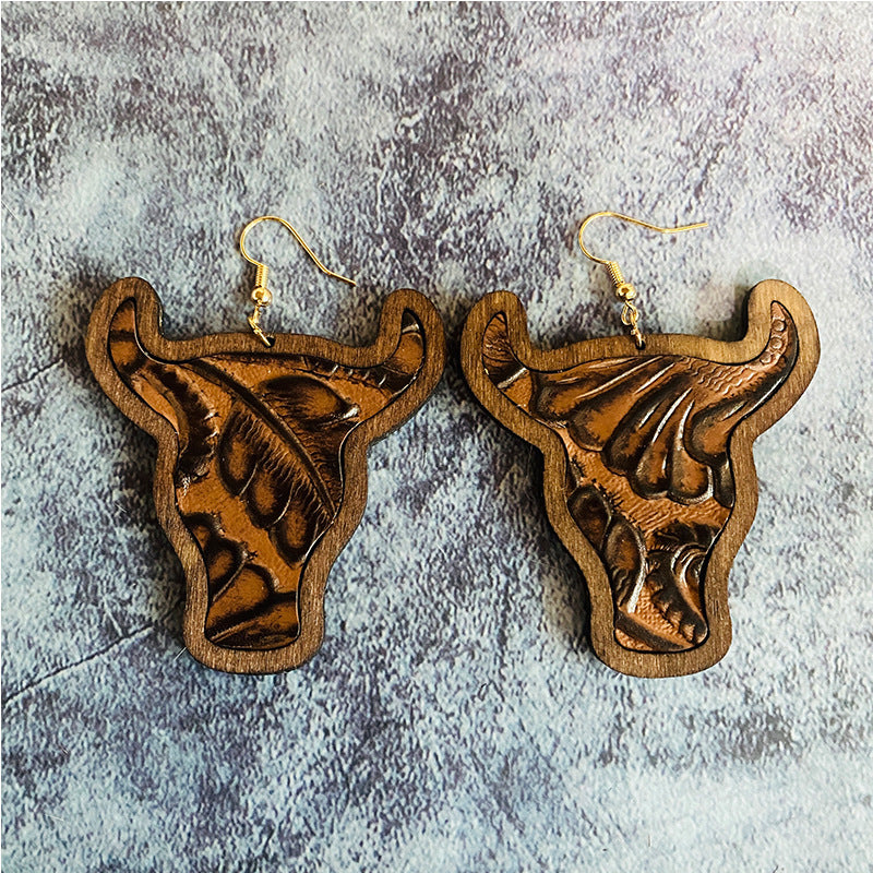 Western Vintage Cow Skull Cross Wood Earrings - product image 7