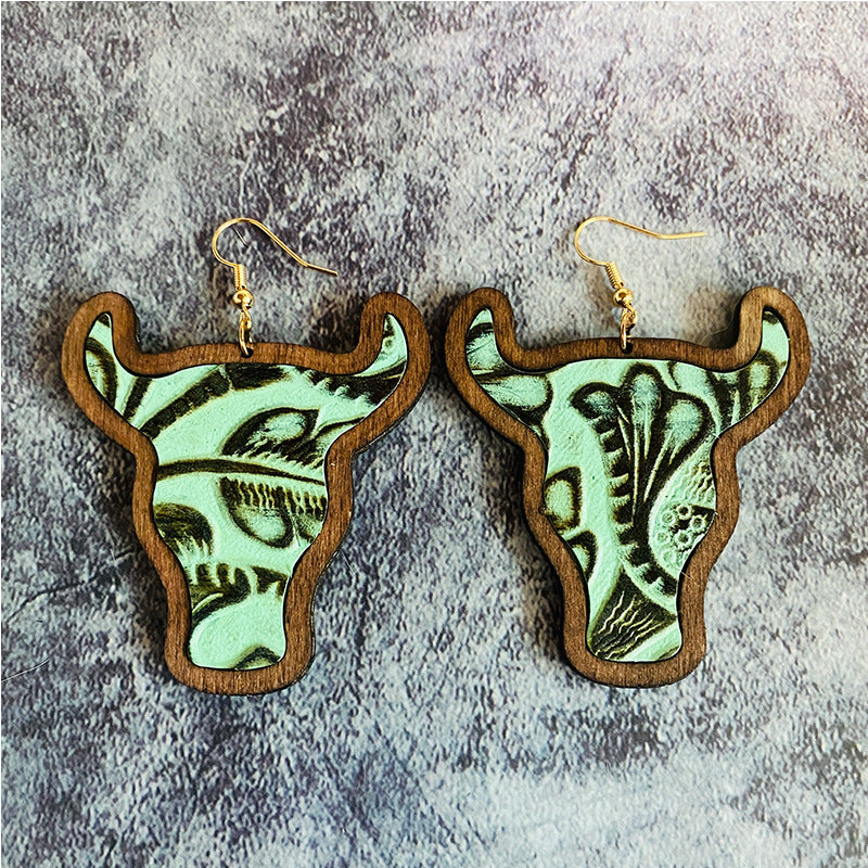 Western Vintage Cow Skull Cross Wood Earrings