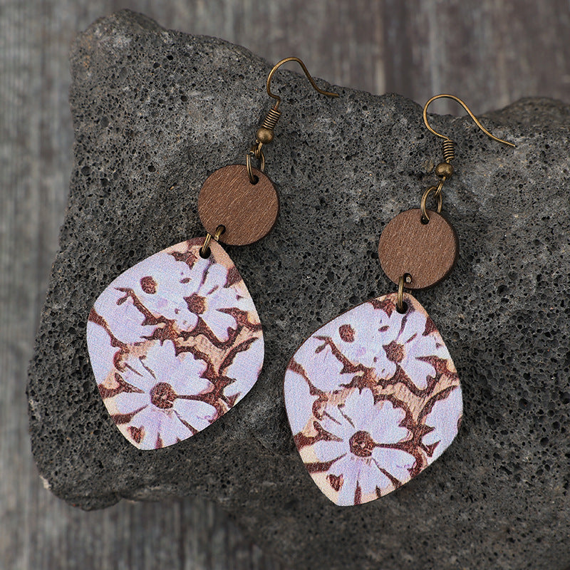 Geometric Floral Heart Wood Earrings