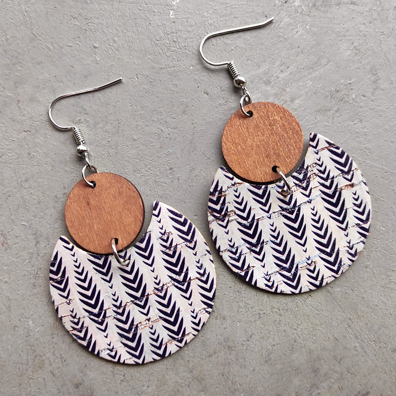Boho Geometric Moon Wood Leather Earrings - product image 2