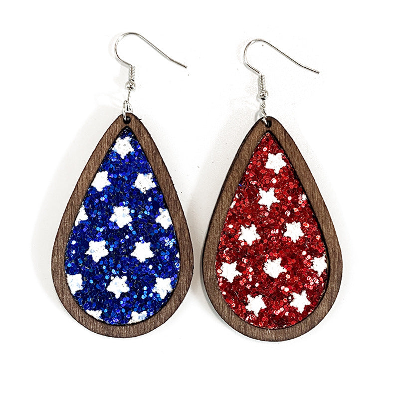 Western Flag Wood Leather Earrings