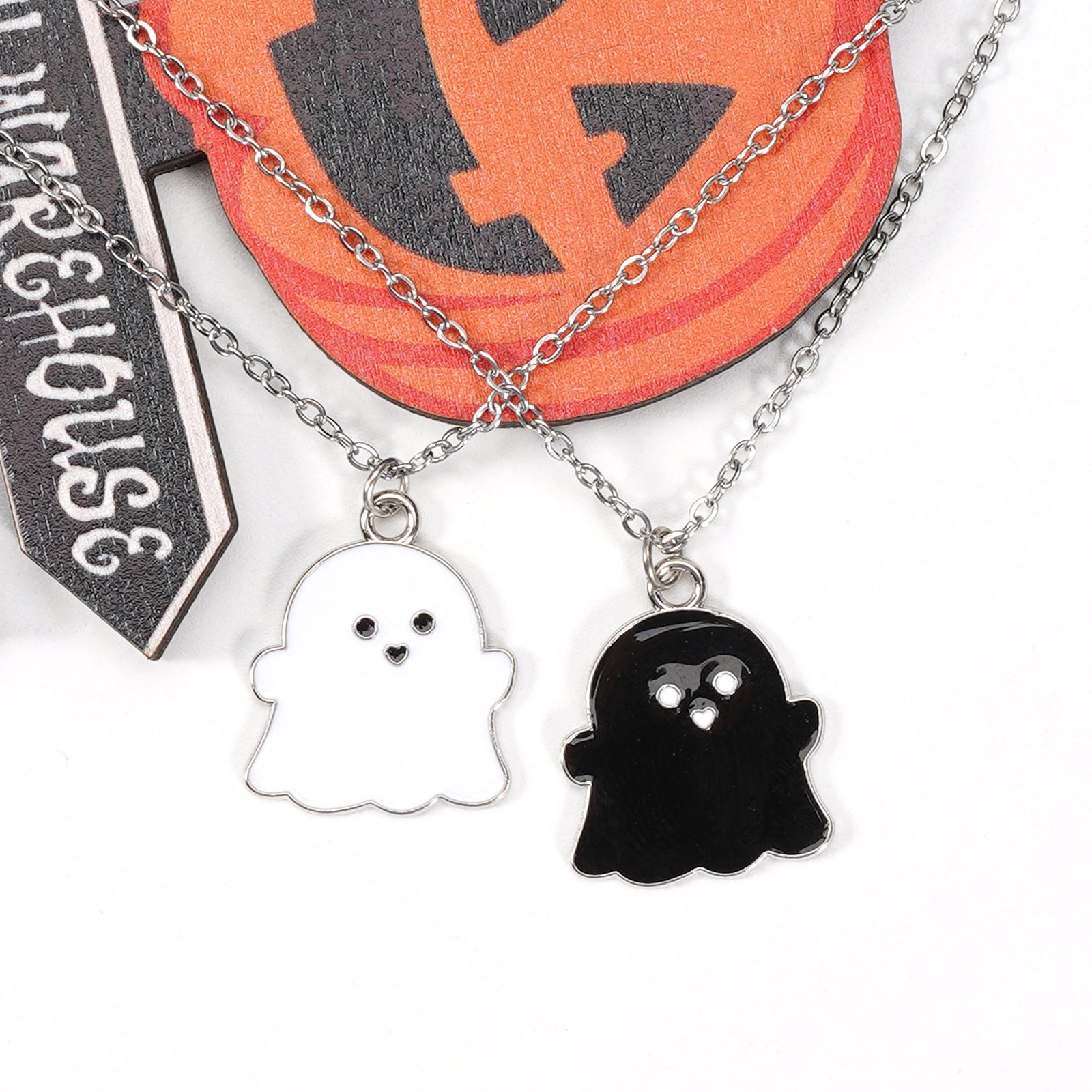 Black and White Stainless Steel Chain Halloween Ghost Pendant Necklace - product image 1