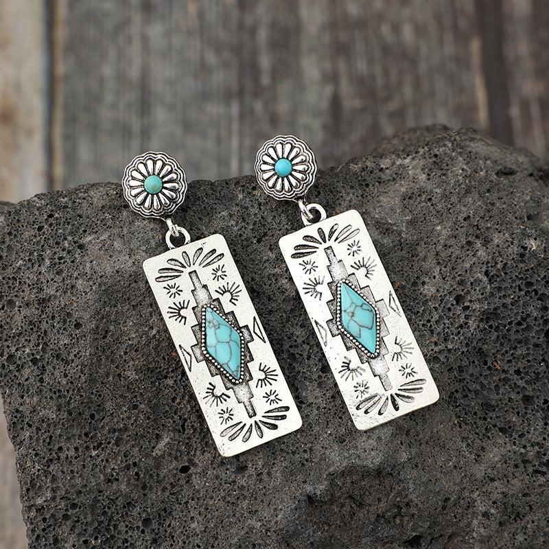 Turquoise Boho Vintage Geometric Floral Earrings - product image 10