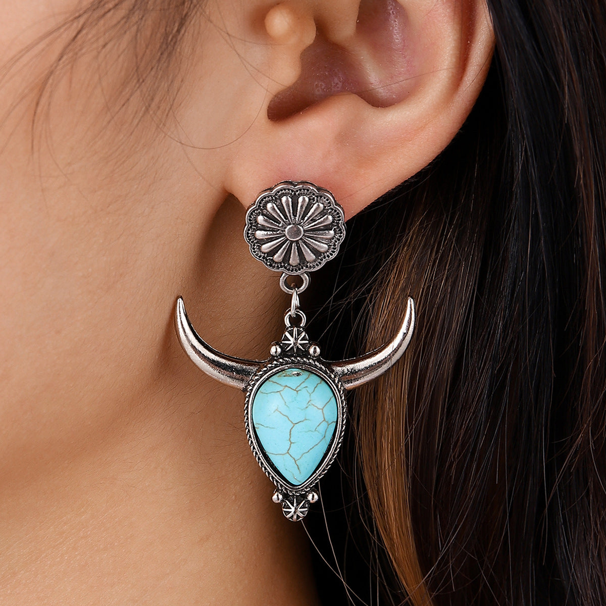 Western Turquoise Boho Vintage Cow Skull Earrings - product image 7