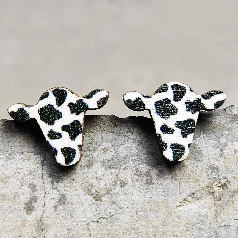 Cow Skull Horse Cactus Cross Wood Earrings