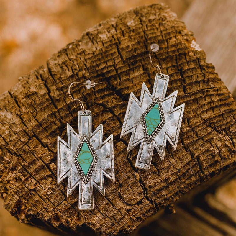 Turquoise Boho Vintage Geometric Cross Earrings